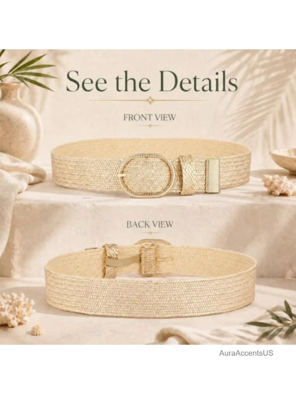 Straw Woven Elastic Belt with Oval Buckle - Stretchy Boho Waist Belt